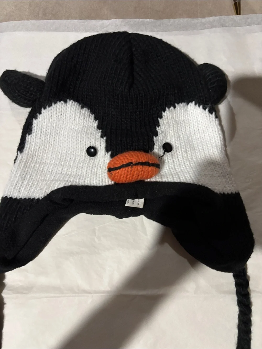 Black & White Penguin Knit Hat with Striped Scarf and Earflaps